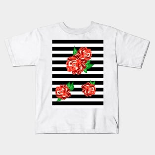 Peony Flower Black And White Stripes Kids T-Shirt